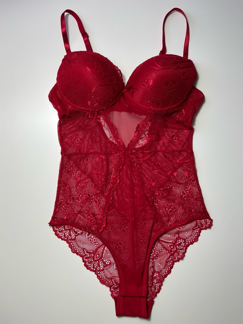 Rene Rofe Red Mesh & Lace Extreme Push Up Bodysuit Teddy Size M